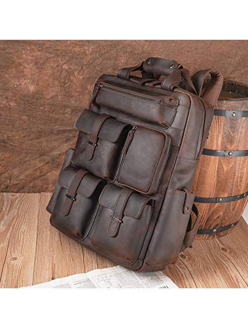 Texbo Full Grain Cowhide Leather Multi Pockets 16 Inch Laptop Backpack Travel Bag