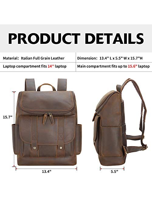 Polare Full Grain Leather 15.6" Laptop Backpack Travel Bag Schoolbag Adventure Bag Satchel