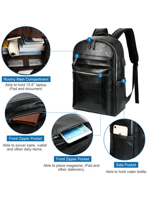 Vbiger PU Leather Business Backpacks for Men, Large-capacity Waterproof Laptop Shoulder Bags Casual Stylish College School Bag Outdoor Daypack Travel Backpack, Black