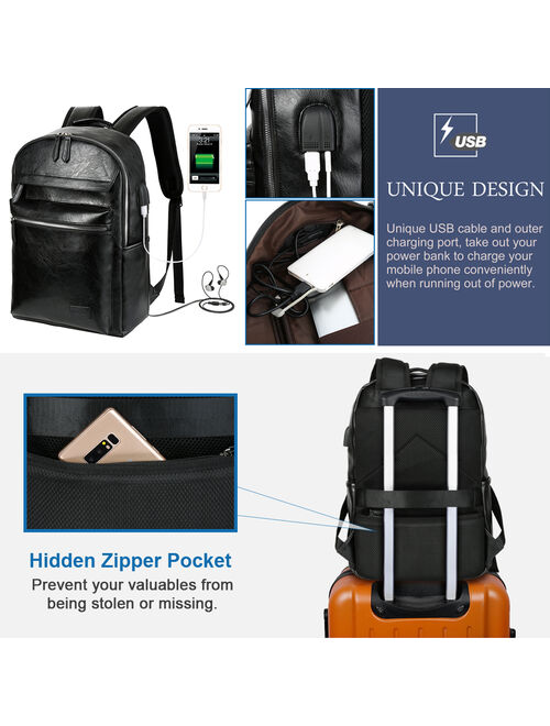 Vbiger PU Leather Business Backpacks for Men, Large-capacity Waterproof Laptop Shoulder Bags Casual Stylish College School Bag Outdoor Daypack Travel Backpack, Black