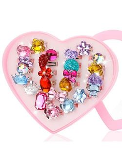 Hifot 24 pcs Girls Crystal Adjustable Rings, Princess Jewelry Finger Rings with Heart Shape Box, Girl Pretend Play and Dress up Rings for Children Kids Little Girls - Ran