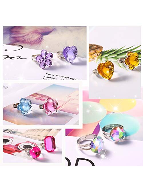 Hifot 24 pcs Girls Crystal Adjustable Rings, Princess Jewelry Finger Rings with Heart Shape Box, Girl Pretend Play and Dress up Rings for Children Kids Little Girls - Ran