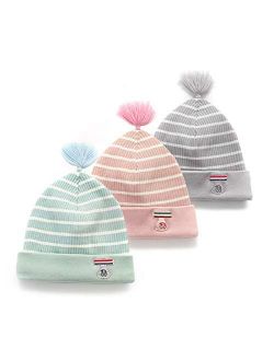 Hat Baby Winter Warm Knit Hat Infant Toddler Kid Crochet Hairball Beanie Cap Pink Accessories (Color : Pink+Gray+Green)