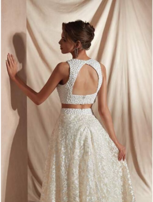 Women's Bohemia Wedding Dresses Beach Tow Piece Long Lace Bride Beaded Gowns White