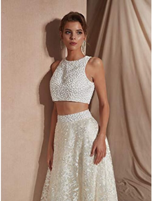 Women's Bohemia Wedding Dresses Beach Tow Piece Long Lace Bride Beaded Gowns White