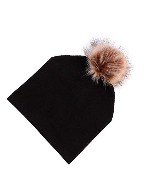 HGDD The New Double-Layer Cotton Pullover hat Baby Raccoon Fox Fur Ball Children Cap (Color : Pink)