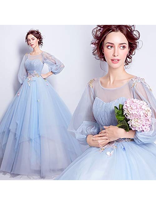 zjyfyfyf Women's Crew Neck Wedding Dress Prom Dresses Layered Tulle Formal Prom Ball Gowns (Color : Blue, Size : Large)