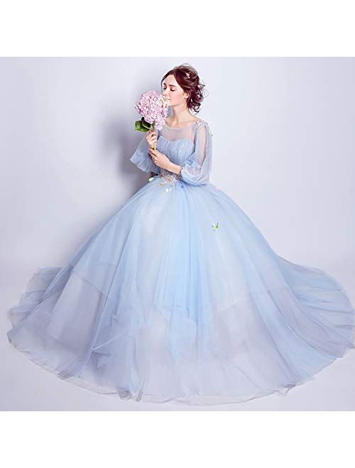 zjyfyfyf Women's Crew Neck Wedding Dress Prom Dresses Layered Tulle Formal Prom Ball Gowns (Color : Blue, Size : Large)
