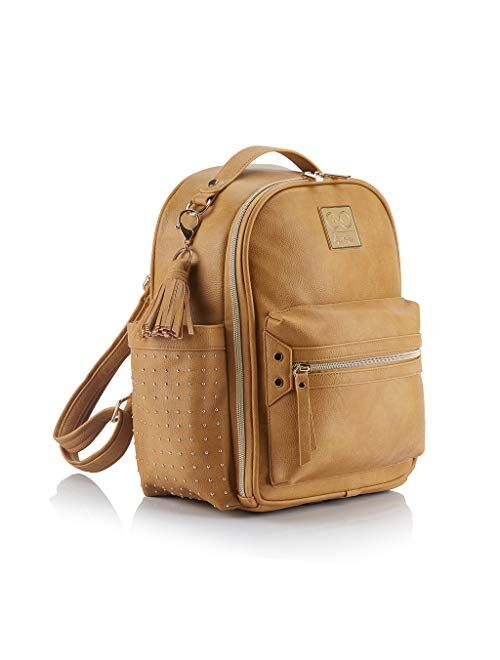 Chelsea + Cole for Itzy Ritzy Mini Diaper Bag Backpack - Studded Mini Diaper Bag Backpack with Changing Pad, 8 Pockets, Rubber Feet & Tassel; Caramel with Sweetheart Prin