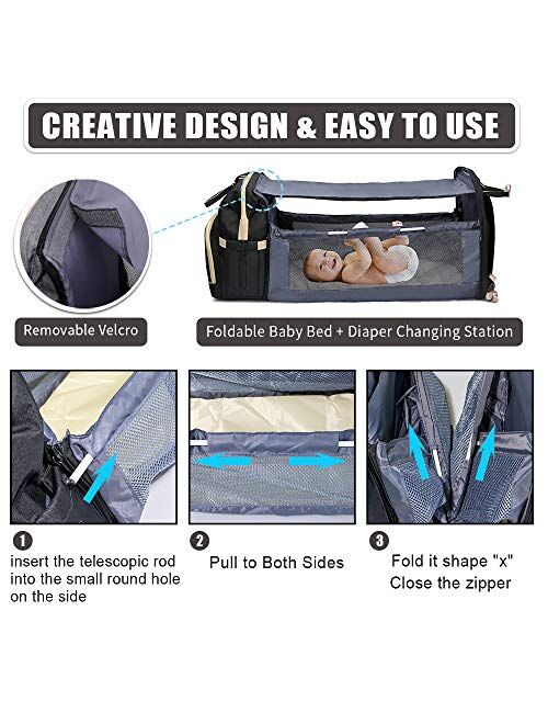 Diaper Bag Backpack with Changing Station, Foldable Baby Bed Back Pack, 3 in 1 Nappy Mummy Bag for Outdoor Travel Shopping Camping, Large Capacity, USB Charge Port, Baby 