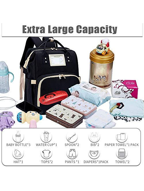 Diaper Bag Backpack with Changing Station, Foldable Baby Bed Back Pack, 3 in 1 Nappy Mummy Bag for Outdoor Travel Shopping Camping, Large Capacity, USB Charge Port, Baby 