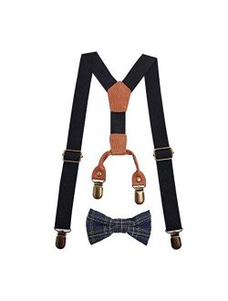 Gaulbay Child Kids Suspender Bowtie Sets 4 Clips Y Shape Adjustable Suspender with Bowties, Idea Gift for Boys and Girls-Black