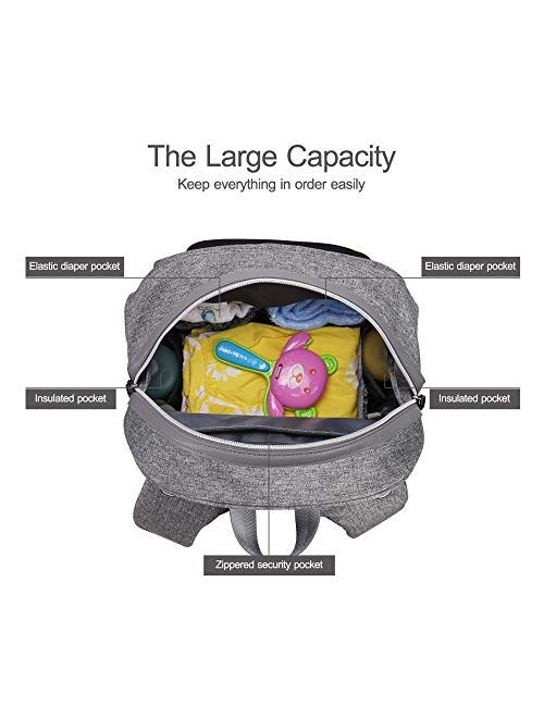Diaper Bag Backpack, Sunup Baby Travel Nappy Back Pack, Single-Hand Open Zipper (Gray-Black)