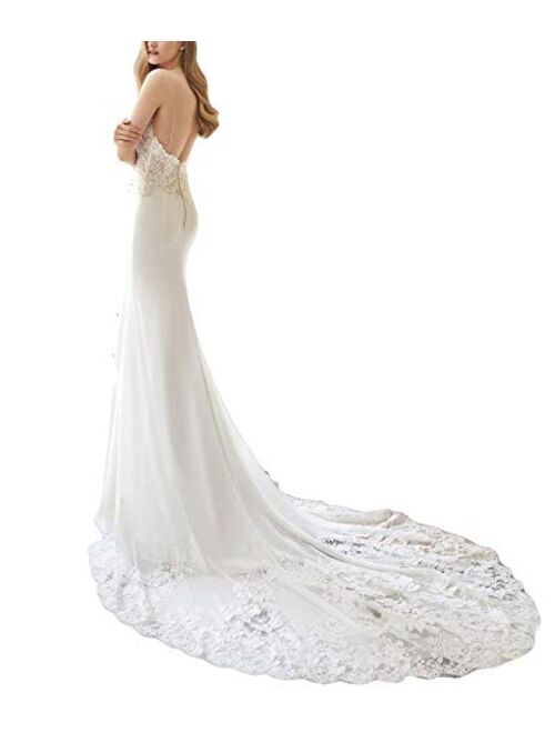 Fenghuavip Spaghetti Straps Wedding Dress Lace Appliques Long Train Beach Bride Gowns