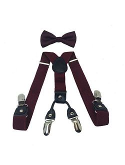 Boys Girls Kids Child Children 4 Clips Special Design Elastic Suspenders & Bow Tie (Burgundy)