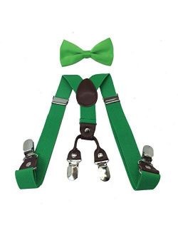Boys Girls Kids Child Children 4 Clips Special Design Elastic Suspenders & Bow Tie (Green)