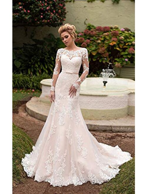 Fenghuavip Lace Wedding Dress Slim-Line Bride Gowns Champagne Pink Satin