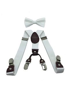 Boys Girls Kids Child Children 4 Clips Special Design Elastic Suspenders & Bow Tie (White)