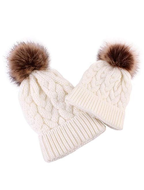 QGcute Winter Beanies Hats for Baby Or Mom Wool Knitted Warm Thicken Pompon Caps Parent-Child Fashion Luxury Fur Caps