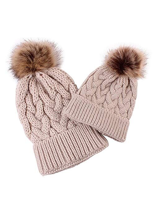 QGcute Winter Beanies Hats for Baby Or Mom Wool Knitted Warm Thicken Pompon Caps Parent-Child Fashion Luxury Fur Caps