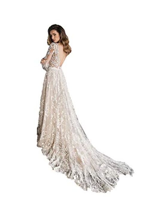 Fenghuavip Ivory Stylish Tulle Long Sleeves Wedding Dress for Brides Deep V Neck