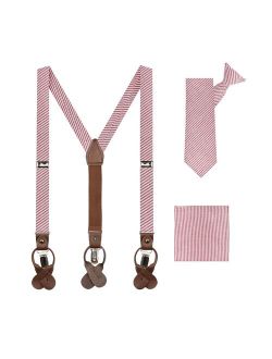 Boys' Seersucker Suspenders 14 inch Clip-On Neck Tie and Pocket Square Set - Red