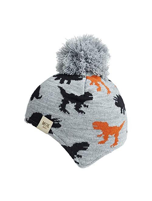 2020 Baby Knitted Pompon hat and Winter Dinosaur Jacquard Boys and Girls Ear caps Children's Woollen hat H244S 3-8years LightGrey