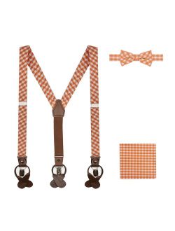 Boys' Gingham Checkered Pattern Suspenders Pre-Tied Banded Bow Tie and Pocket Square Set - Orange