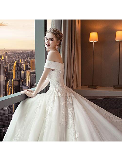 Lace Wedding Dress Ball Gown Off Shoulder Long Train Tulle Bride Dress Beaded Applique Bridal Gown
