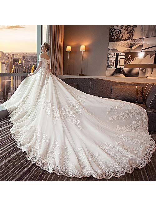 Lace Wedding Dress Ball Gown Off Shoulder Long Train Tulle Bride Dress Beaded Applique Bridal Gown