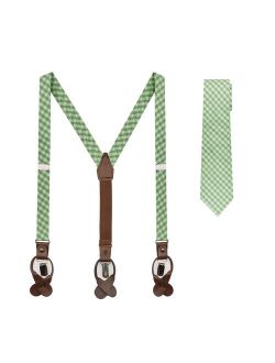 Boys' Gingham Checkered Pattern Suspenders and Prep Neck Tie Set - Lime Green