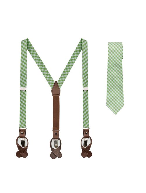 Jacob Alexander Boys' Gingham Checkered Pattern Suspenders and Prep Neck Tie Set - Lime Green
