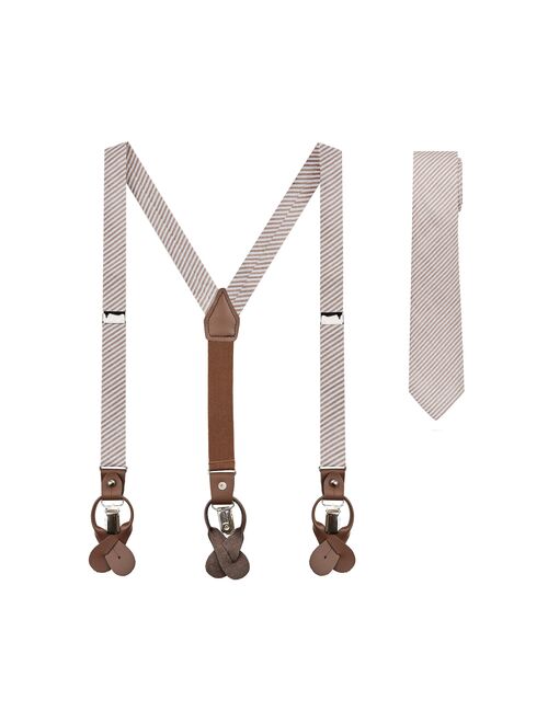 Jacob Alexander Boys' Seersucker Suspenders and Prep Neck Tie Set - Beige