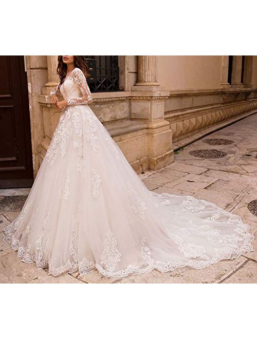 Solandia Plus Size Bridal Ball Gown with Train Long Illusion Lace Church Wedding Dresses for Bride