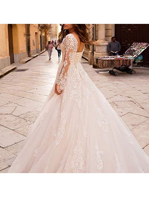 Solandia Plus Size Bridal Ball Gown with Train Long Illusion Lace Church Wedding Dresses for Bride