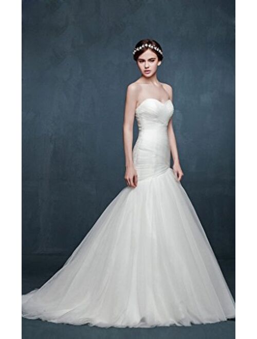 Snowskite Womens Elegant Trumpet Sweetheart Tulle Wedding Dress Bride Gown