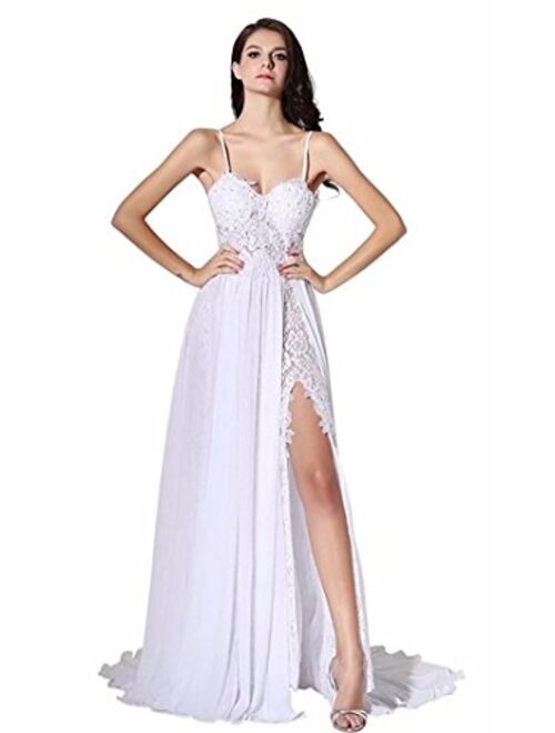 Fishlove Womens Sexy Side Split Lace Evening Party Prom Beach Wedding Dress
