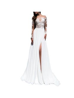 Fishlove 2017 Long Sleeve Vestidos de Novia Chiffon Lace Bridal Wedding Dresses with Slit W4