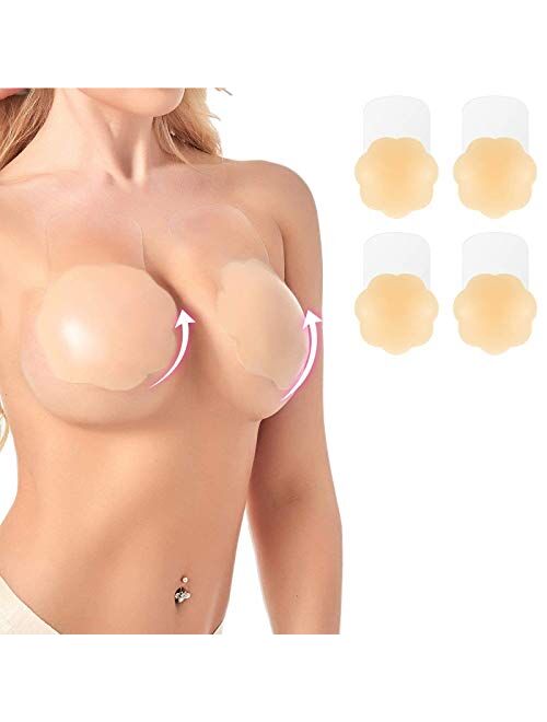 RangerkaifEC Adhesive Bra, Silicone Nipplecovers，4''(Flower) Lifting Sticky Bra, Reusable Nipple Covers Strapless Invisible Push up Bra for Backless Dress, Petals Bra Bei