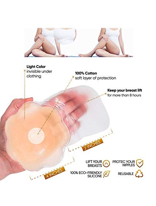 RangerkaifEC Adhesive Bra, Silicone Nipplecovers，4''(Flower) Lifting Sticky Bra, Reusable Nipple Covers Strapless Invisible Push up Bra for Backless Dress, Petals Bra Bei