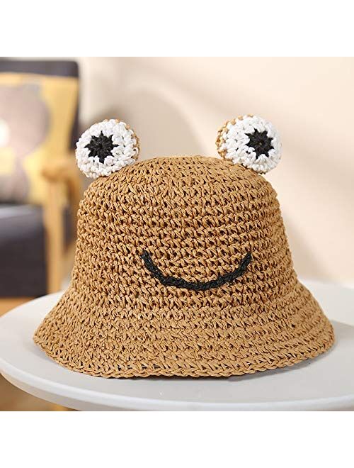 New Summer Baby Straw Hat Foldable Kids Frog Cap Beach Travel Sun Protection Bucket Hats for Boys Girls Fisherman Panama Sun Hat (Color : Beige, Size : S)