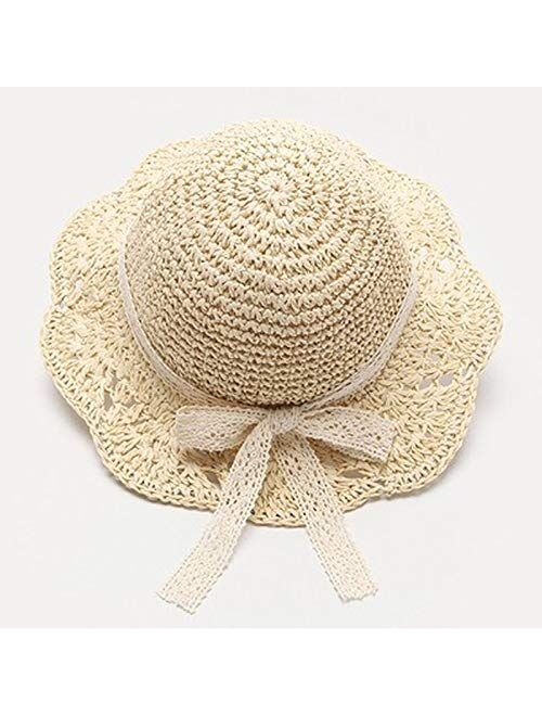 Summer Children's Straw Hats Baby Girls Breathable Lace Cap Bow Beach Sun Hat Wide Brim Kids Princess Travel Sunshade Hat (Color : Beige)