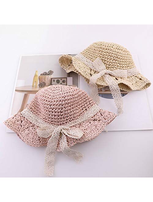 Summer Children's Straw Hats Baby Girls Breathable Lace Cap Bow Beach Sun Hat Wide Brim Kids Princess Travel Sunshade Hat (Color : Beige)