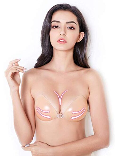 Zacca Adhesive Bras for Women Push Up Sticky Silicone Backless Strapless Bra with Nipple Covers