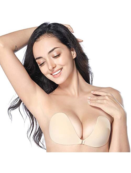 Whifenny Adhesive Sticky Bra Backless Strapless Stick on Bra Push Up No Show Invisible Silicone Lift Tape for Women Dress (L) Nude