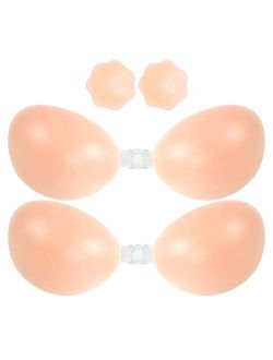 Adhesive Bra Sticky Backless Strapless Invisible Silicone Bras for Women Backless Dress with Nipplecovers, Pack of 2