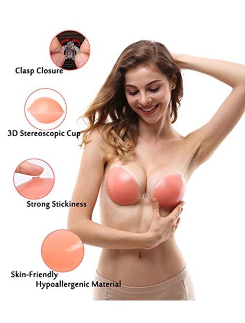Adhesive Bra Sticky Backless Strapless Invisible Silicone Bras for Women Backless Dress with Nipplecovers, Pack of 2