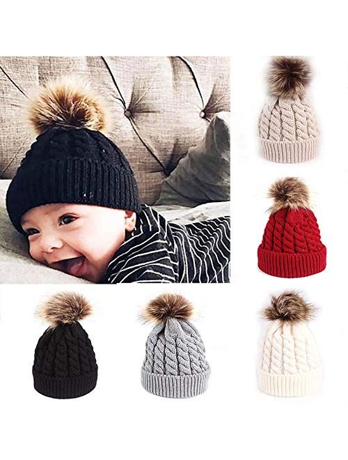 Winter Warm Baby Hat Fur Pompom Knitted Baby Girls Boys Hat Cap Infant Toddler Kids Hat Beanie Kids Children Caps Bonnet Beige(Fast delivery)