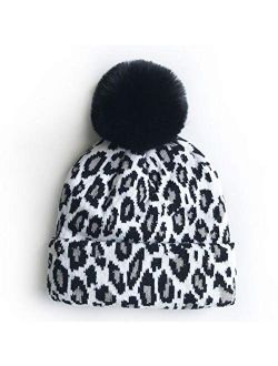 Children Knitted Leopard Hat with Fur Ball Kids Beanie Cap Autumn Winter Warm Baby Hats for Boys Girls White(Fast delivery)