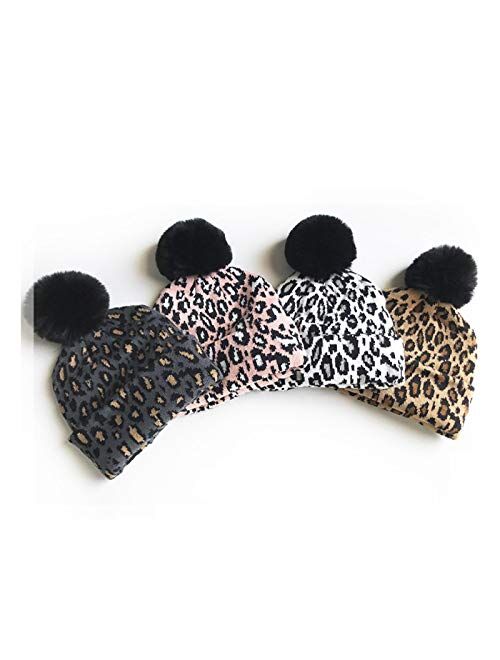 Children Knitted Leopard Hat with Fur Ball Kids Beanie Cap Autumn Winter Warm Baby Hats for Boys Girls White(Fast delivery)